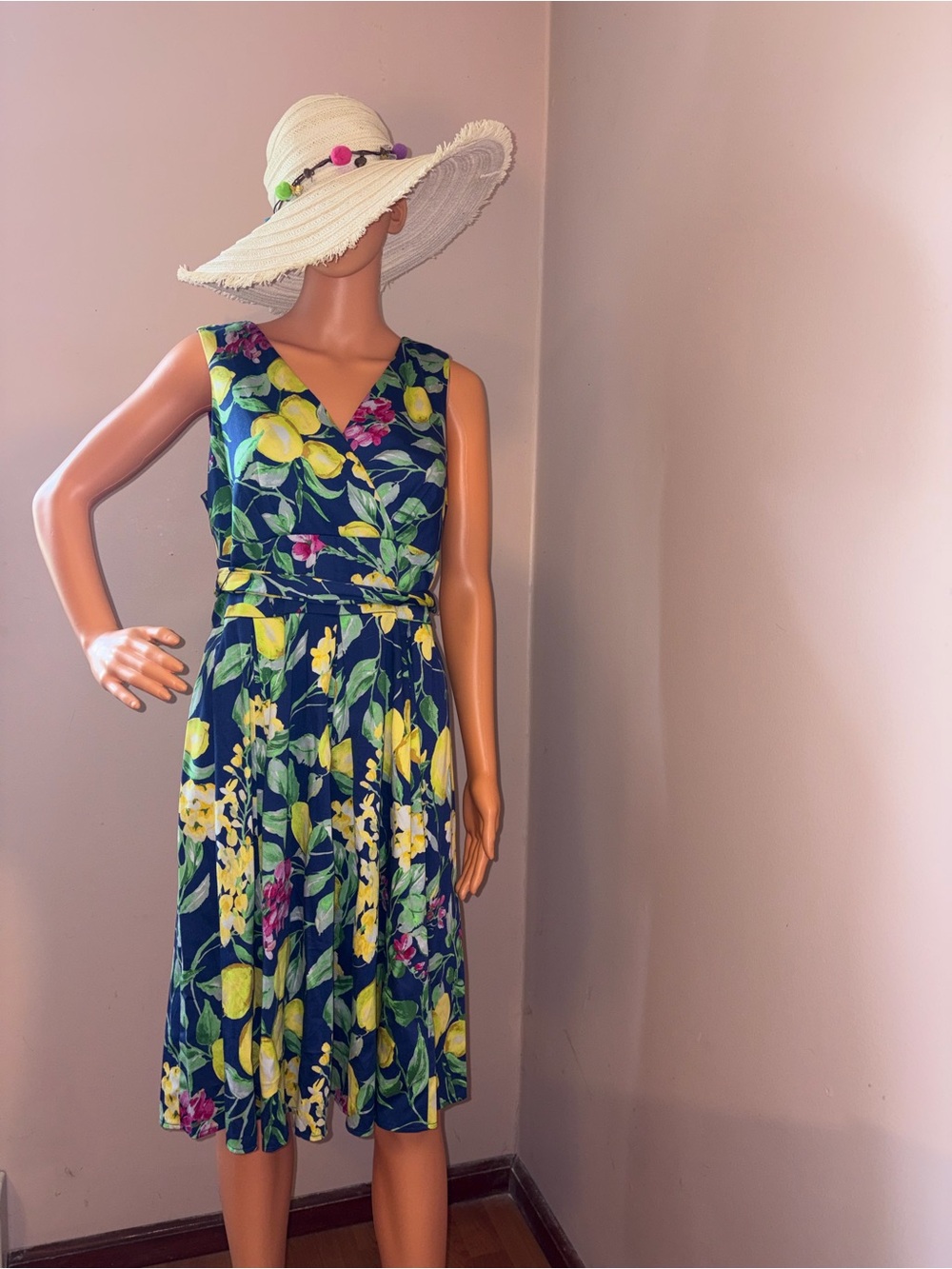 Roz & Ali Navy Floral Lemon Print V-Neck Sundress